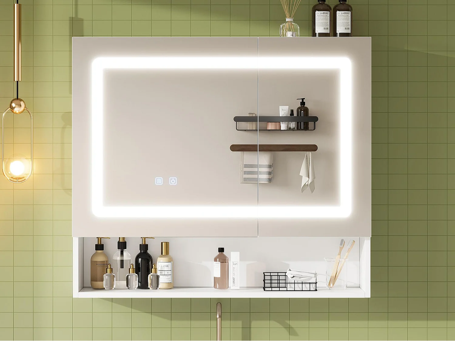 Meuble de salle de bain mural avec miroir - 80x17x70 cm - Avec LED et 2 portes - Déshumidification instantanée - MDF - Blanc