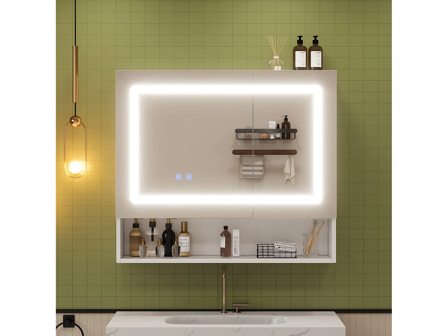 Meuble de salle de bain mural avec miroir - 80x17x70 cm - Avec LED et 2 portes - Déshumidification instantanée - MDF - Blanc
