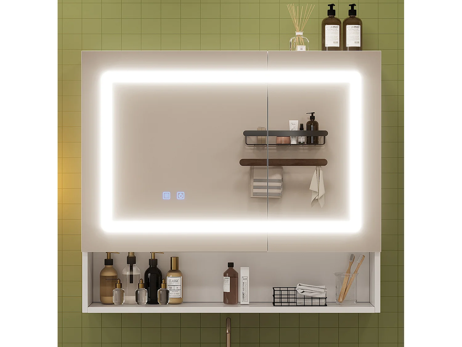 Meuble de salle de bain mural avec miroir - 80x17x70 cm - Avec LED et 2 portes - Déshumidification instantanée - MDF - Blanc