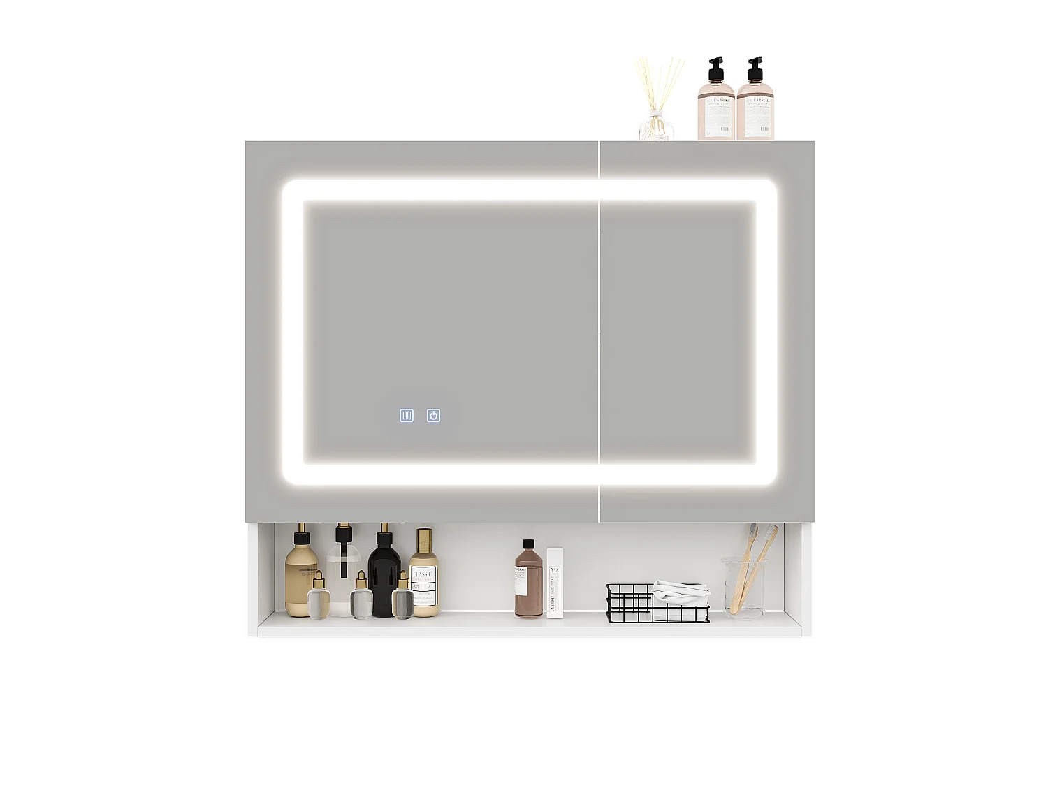Meuble de salle de bain mural avec miroir - 80x17x70 cm - Avec LED et 2 portes - Déshumidification instantanée - MDF - Blanc