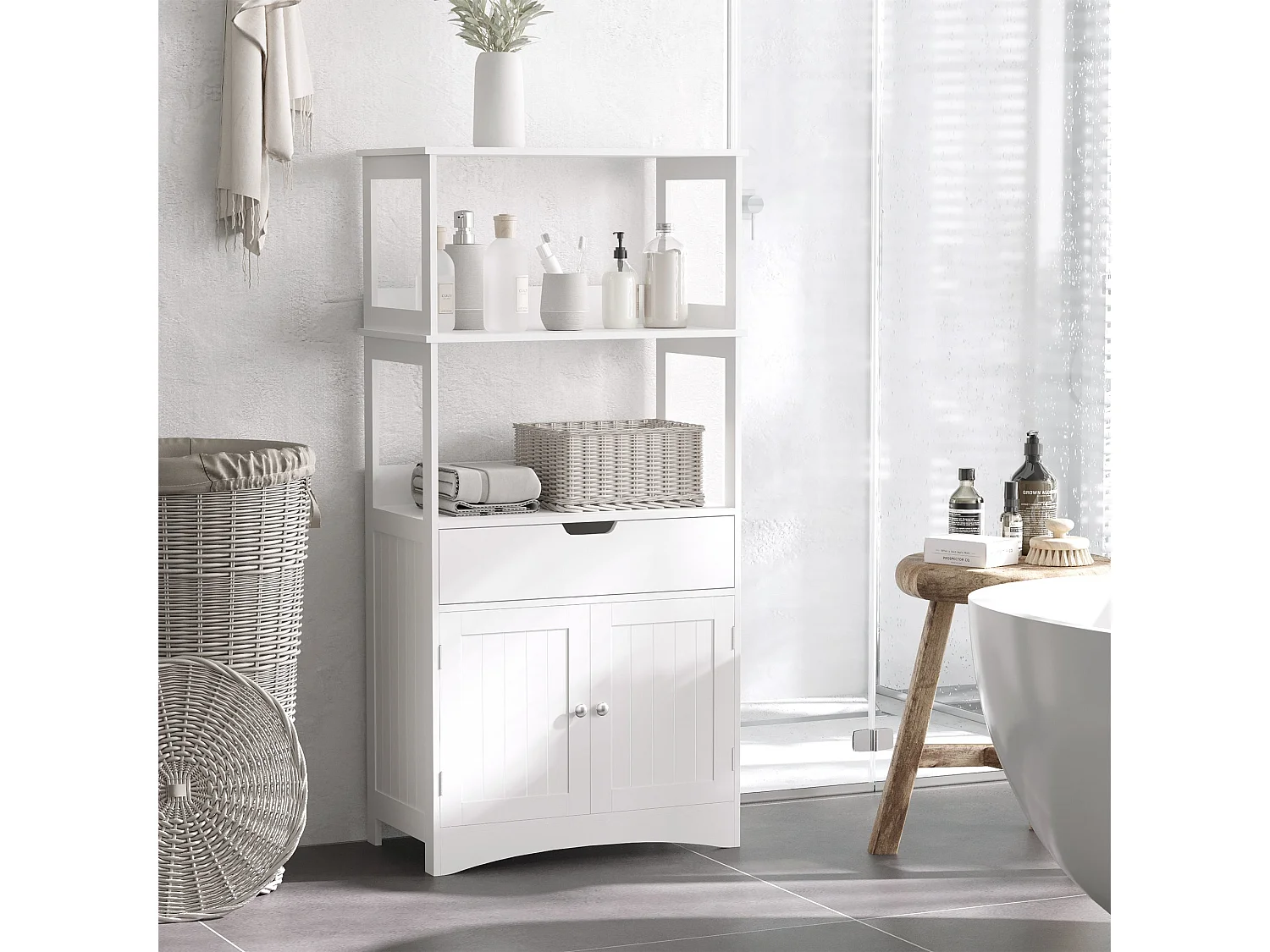 Disarike White Freestanding Storage Cabinet Shelves Drawer and Double Doors 60x33x122.5cm