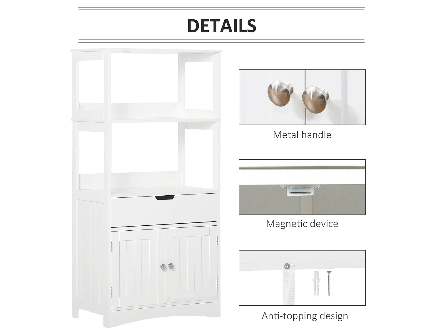 Disarike White Freestanding Storage Cabinet Shelves Drawer and Double Doors 60x33x122.5cm