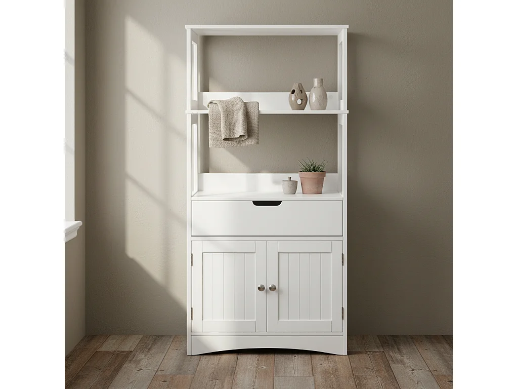 Disarike White Freestanding Storage Cabinet Shelves Drawer and Double Doors 60x33x122.5cm
