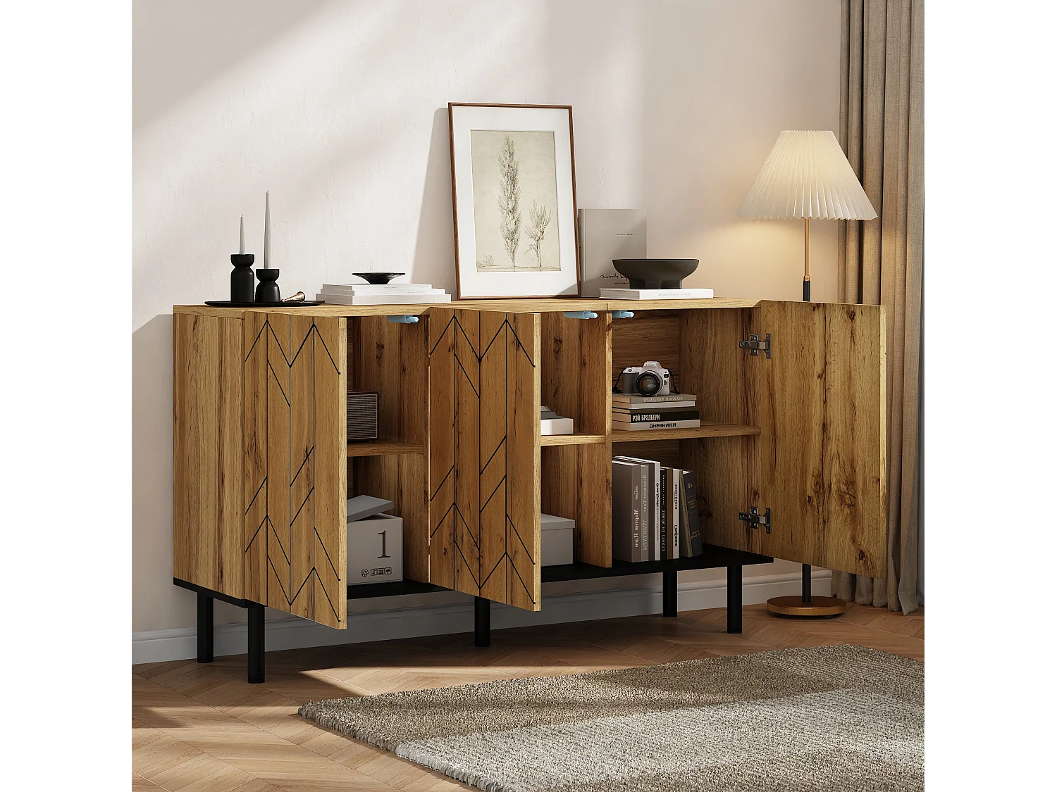 Buffet moderne 120 x 35 x 70 cm - 3 portes - Motif ondulé - Panneaux de particules et pieds en métal - Finition imitation bois - Naturel