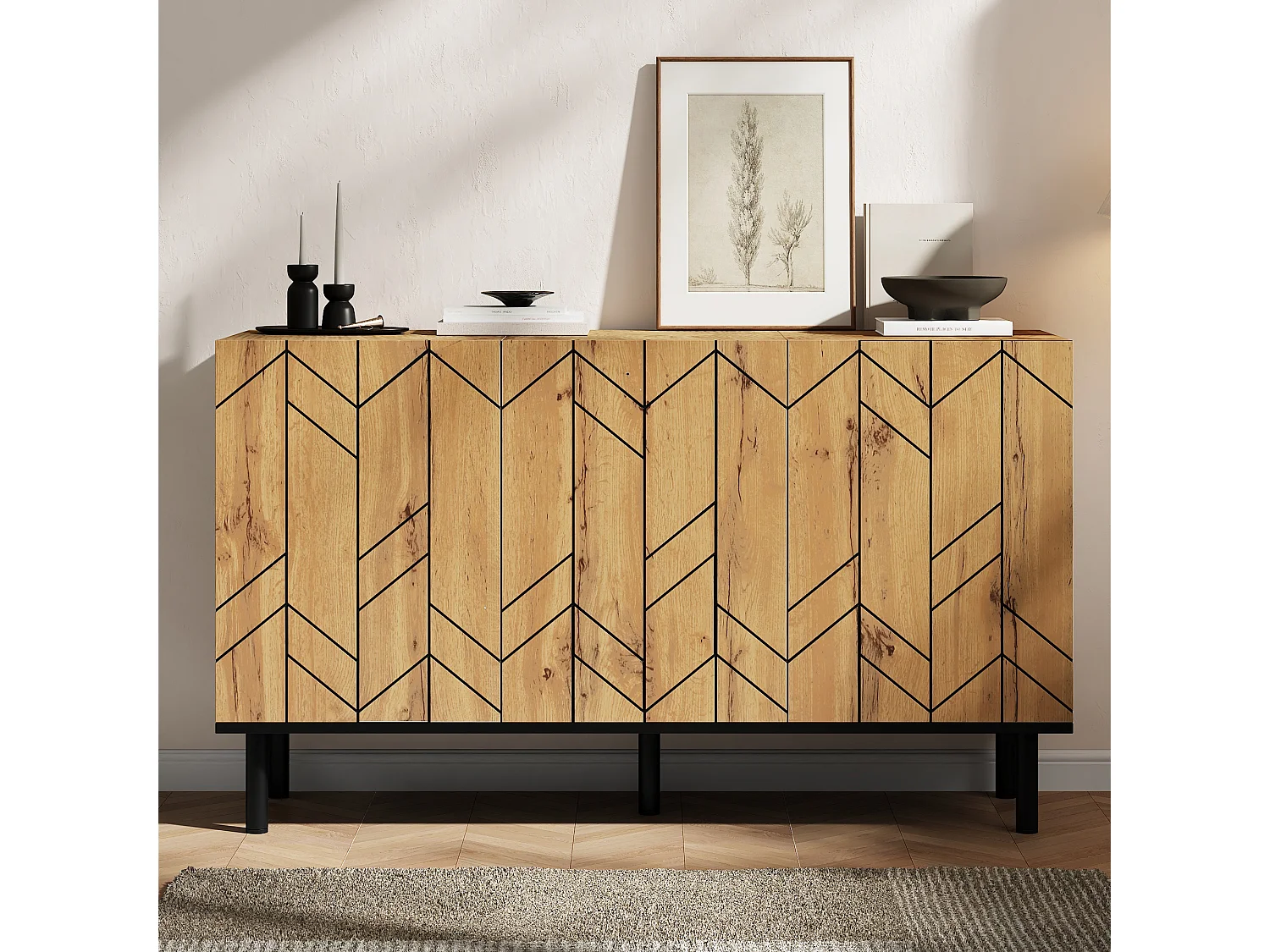Buffet moderne 120 x 35 x 70 cm - 3 portes - Motif ondulé - Panneaux de particules et pieds en métal - Finition imitation bois - Naturel
