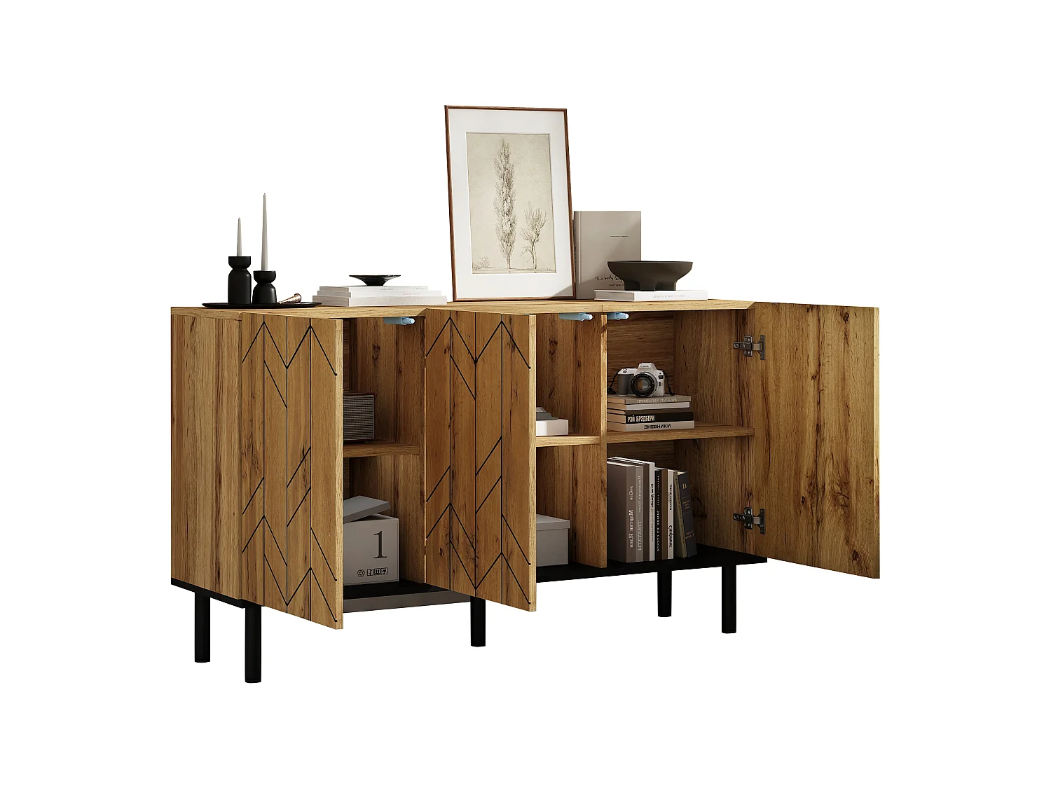 Buffet moderne 120 x 35 x 70 cm - 3 portes - Motif ondulé - Panneaux de particules et pieds en métal - Finition imitation bois - Naturel