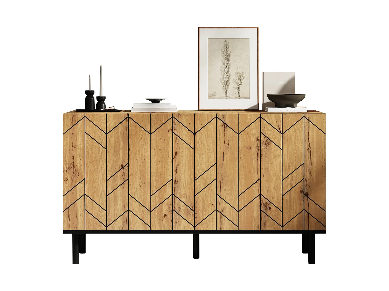 Buffet moderne 120 x 35 x 70 cm - 3 portes - Motif ondulé - Panneaux de particules et pieds en métal - Finition imitation bois - Naturel