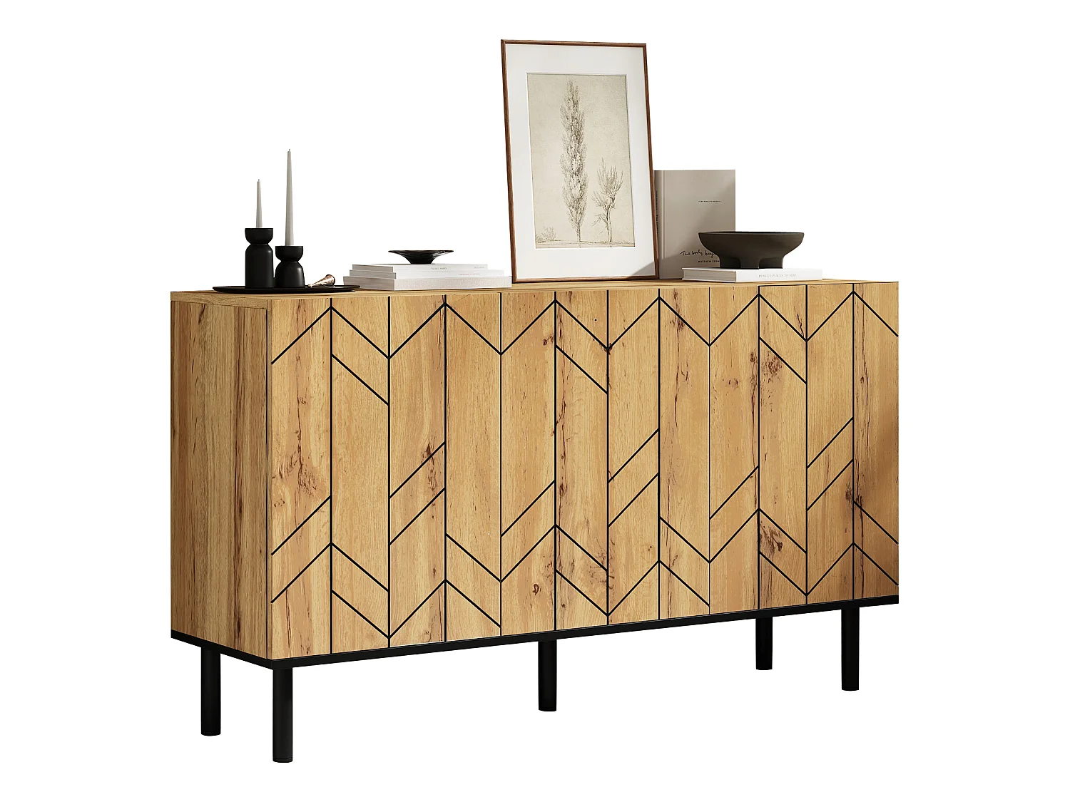 Buffet moderne 120 x 35 x 70 cm - 3 portes - Motif ondulé - Panneaux de particules et pieds en métal - Finition imitation bois - Naturel