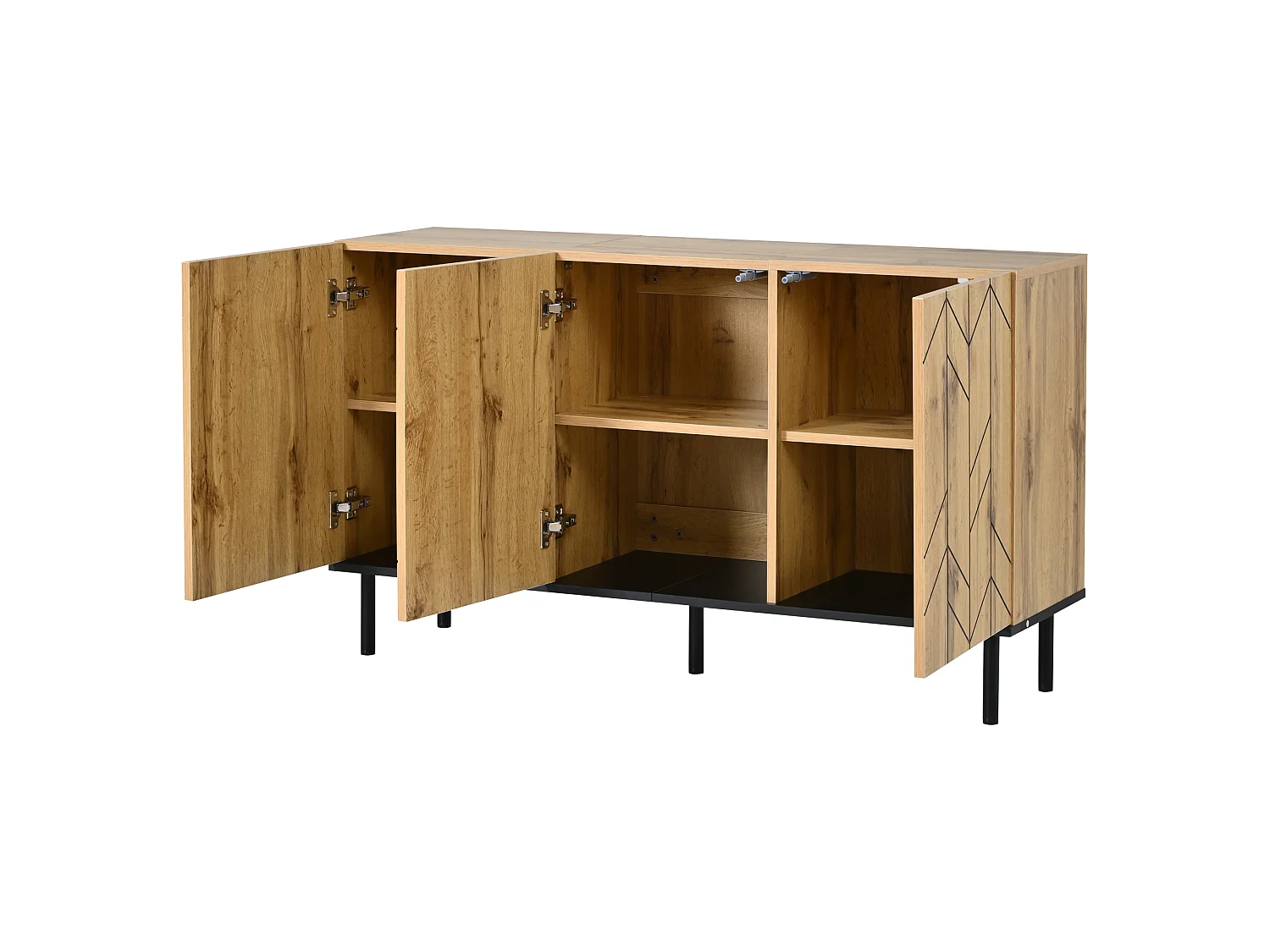 Buffet moderne 120 x 35 x 70 cm - 3 portes - Motif ondulé - Panneaux de particules et pieds en métal - Finition imitation bois - Naturel