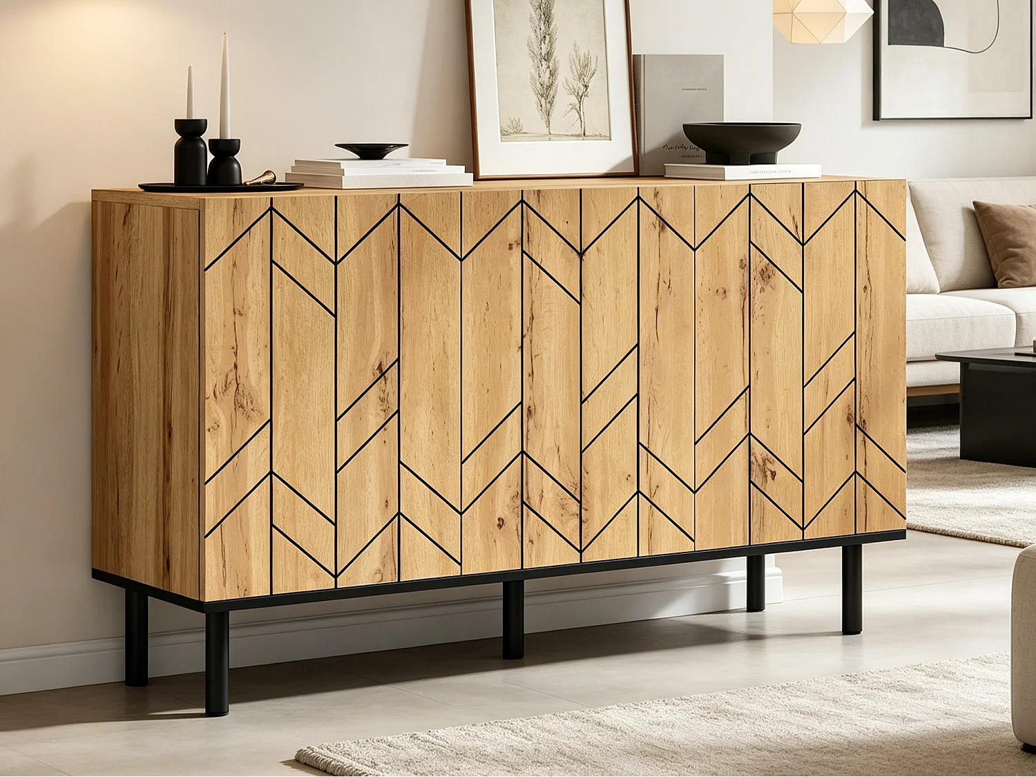 Buffet moderne 120 x 35 x 70 cm - 3 portes - Motif ondulé - Panneaux de particules et pieds en métal - Finition imitation bois - Naturel