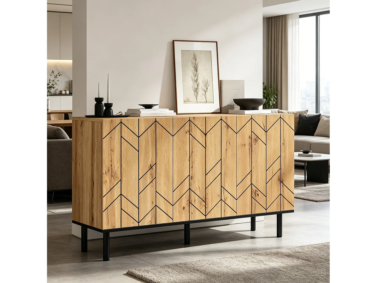Buffet moderne 120 x 35 x 70 cm - 3 portes - Motif ondulé - Panneaux de particules et pieds en métal - Finition imitation bois - Naturel