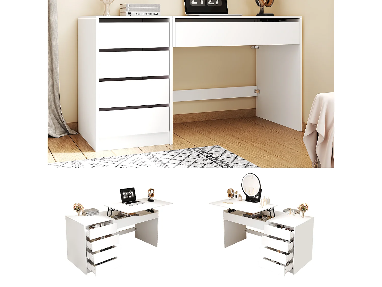 Bureau/Coiffeuse avec 4 tiroirs- 120x50x78-92 cm - Plateau réglable en hauteur - Rangement dissimulé - Blanc