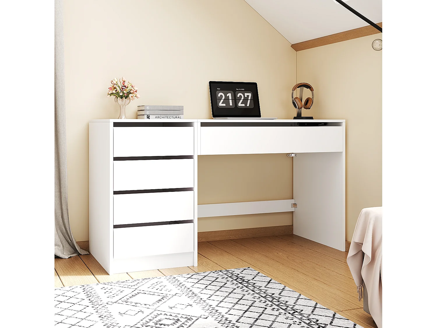 Bureau/Coiffeuse avec 4 tiroirs- 120x50x78-92 cm - Plateau réglable en hauteur - Rangement dissimulé - Blanc
