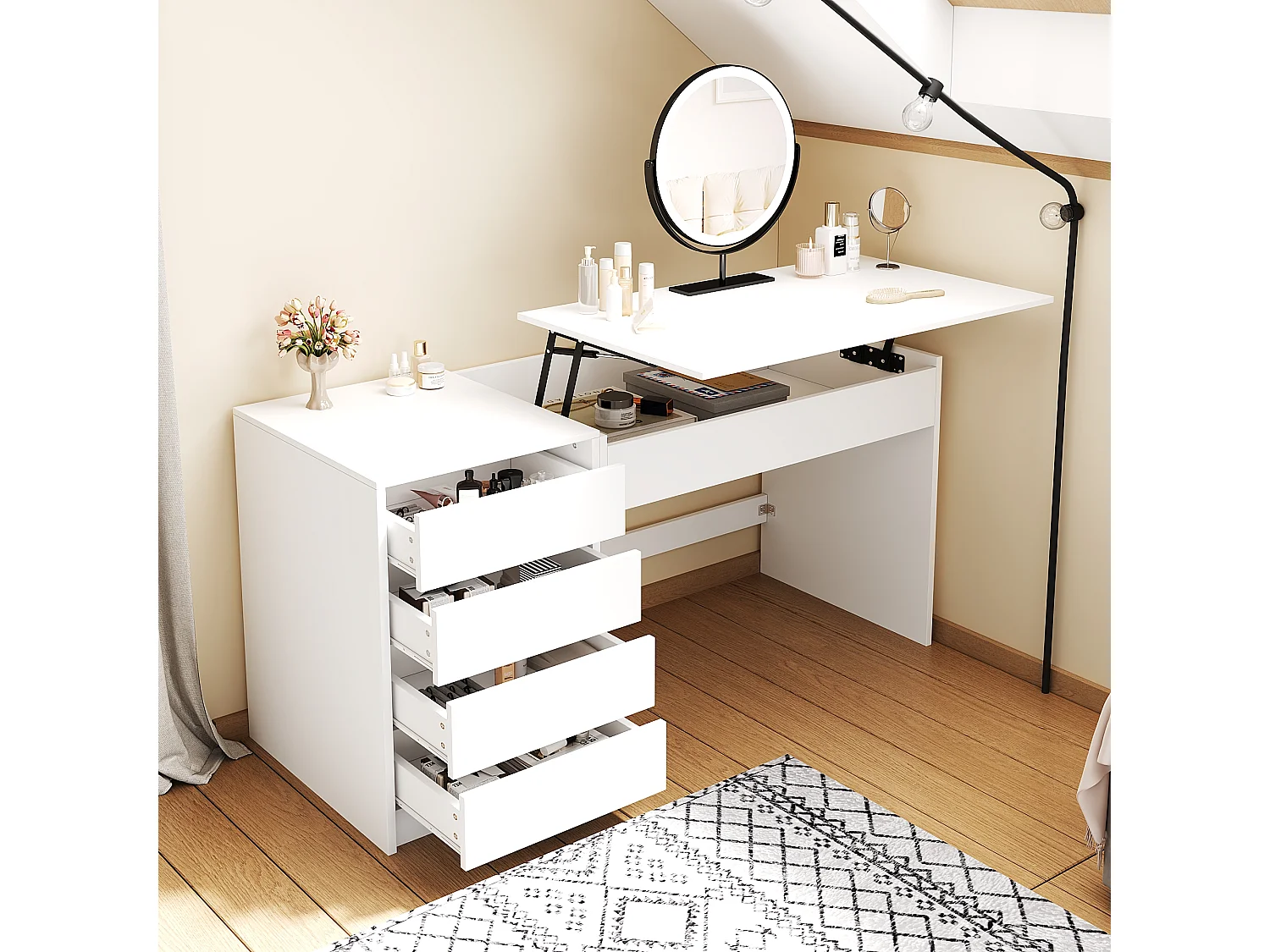 Bureau/Coiffeuse avec 4 tiroirs- 120x50x78-92 cm - Plateau réglable en hauteur - Rangement dissimulé - Blanc