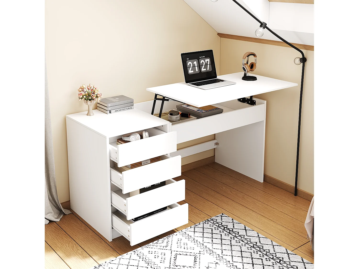 Bureau/Coiffeuse avec 4 tiroirs- 120x50x78-92 cm - Plateau réglable en hauteur - Rangement dissimulé - Blanc