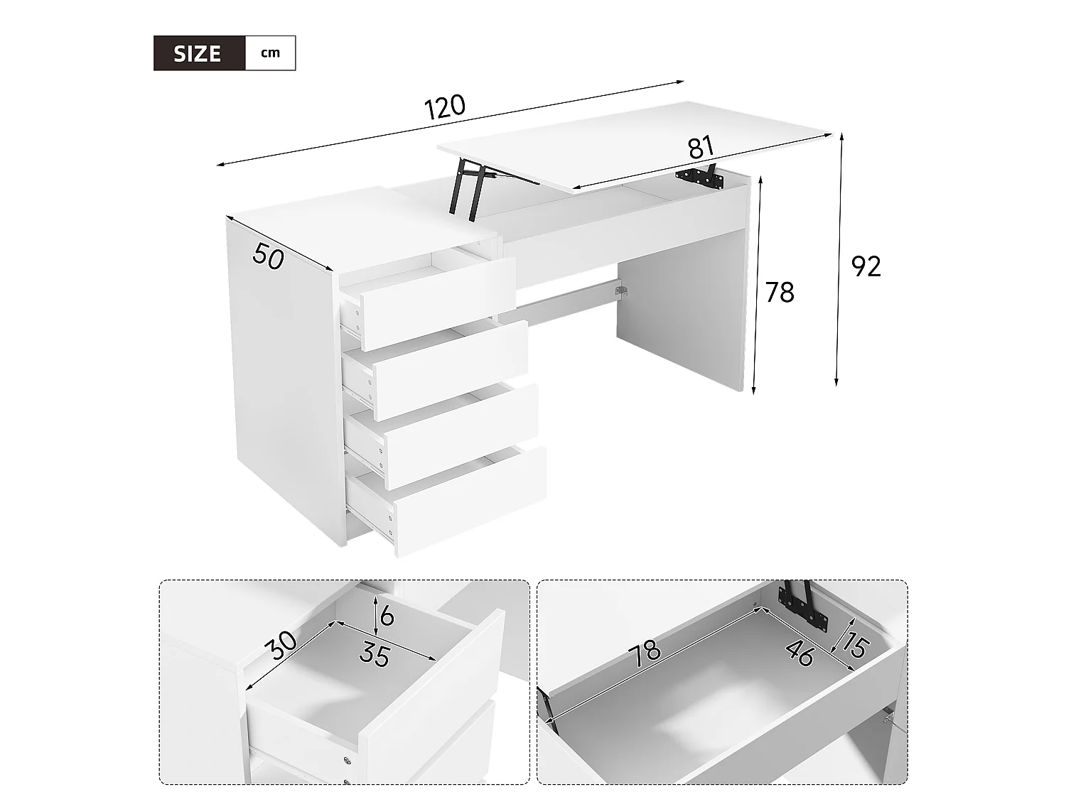 Bureau/Coiffeuse avec 4 tiroirs- 120x50x78-92 cm - Plateau réglable en hauteur - Rangement dissimulé - Blanc