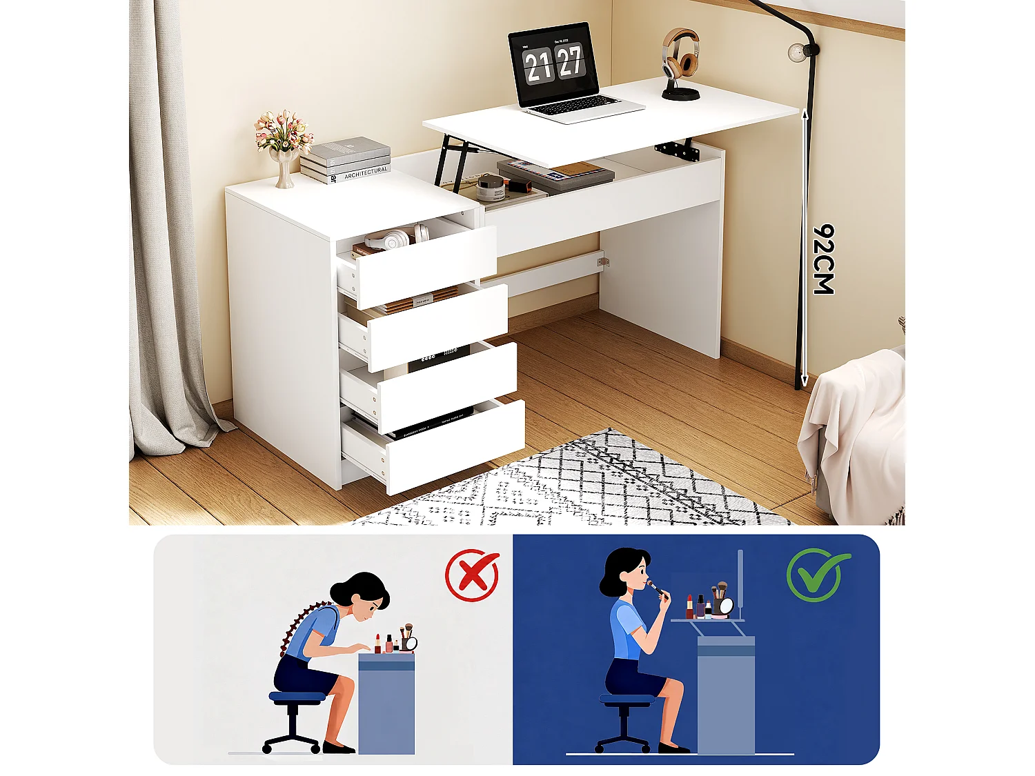 Bureau/Coiffeuse avec 4 tiroirs- 120x50x78-92 cm - Plateau réglable en hauteur - Rangement dissimulé - Blanc