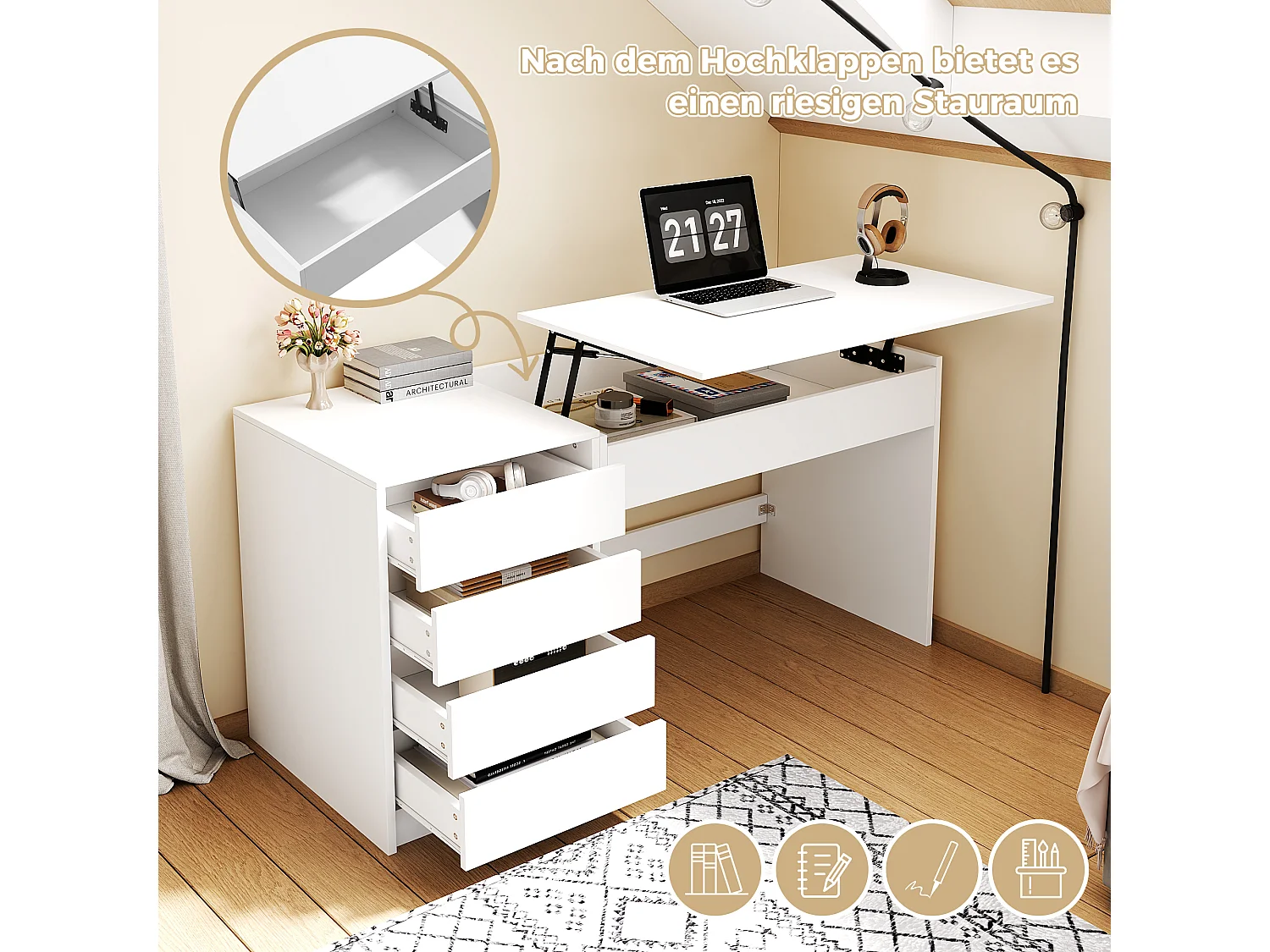 Bureau/Coiffeuse avec 4 tiroirs- 120x50x78-92 cm - Plateau réglable en hauteur - Rangement dissimulé - Blanc