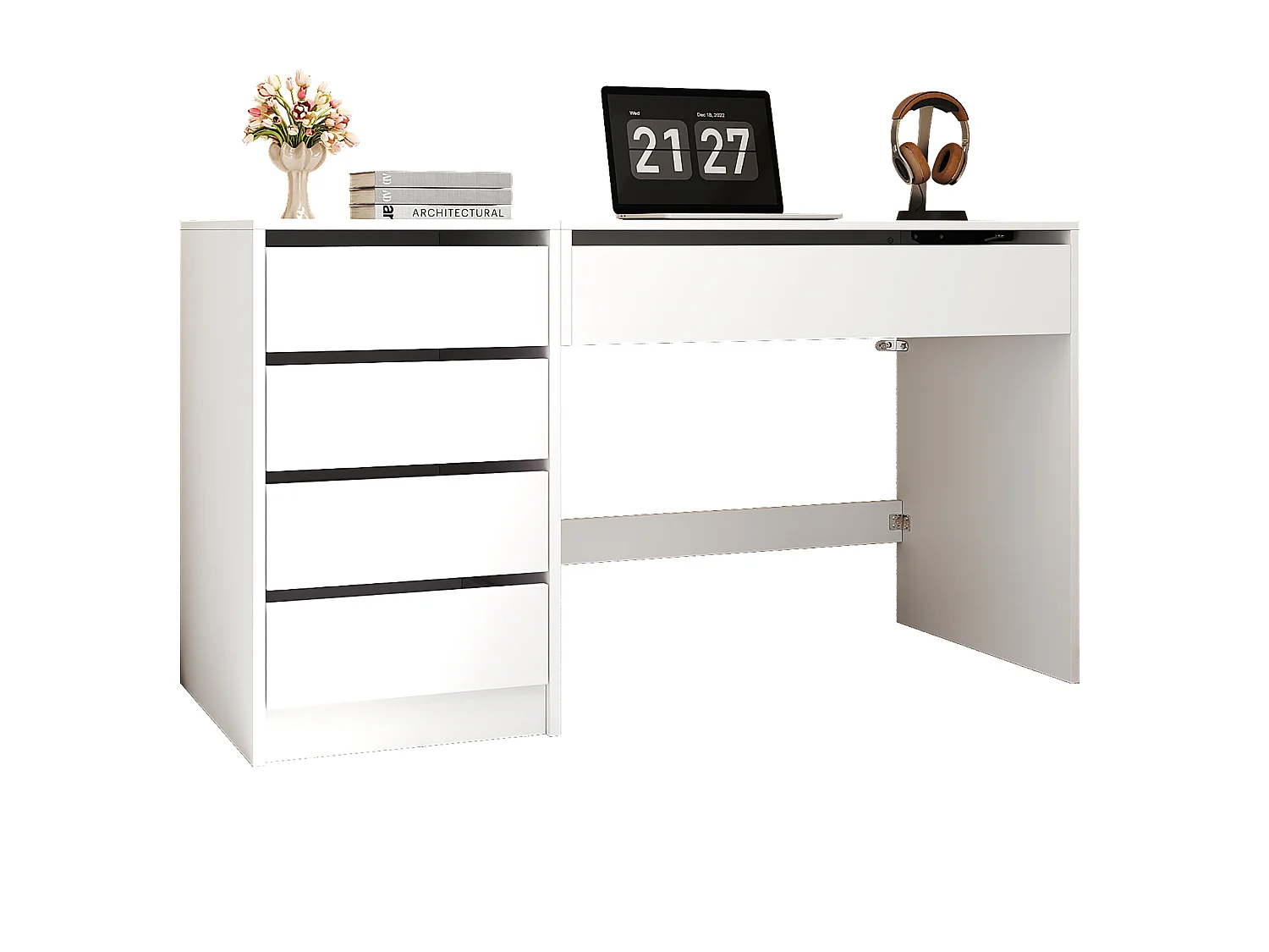 Bureau/Coiffeuse avec 4 tiroirs- 120x50x78-92 cm - Plateau réglable en hauteur - Rangement dissimulé - Blanc