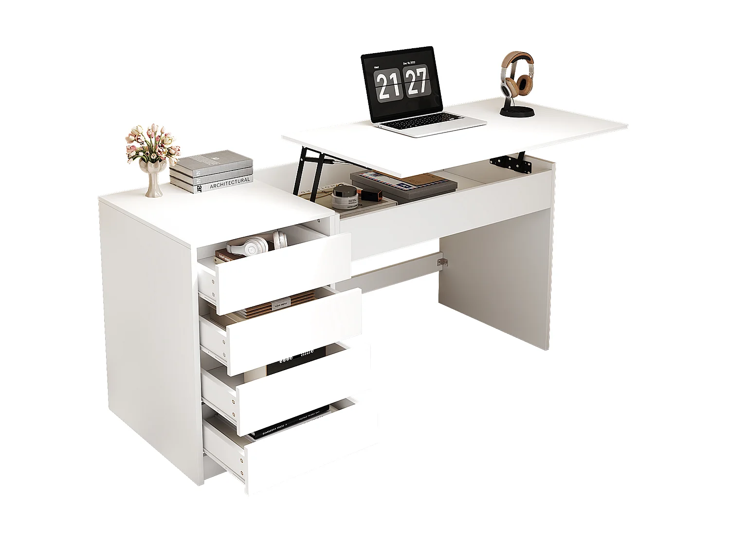 Bureau/Coiffeuse avec 4 tiroirs- 120x50x78-92 cm - Plateau réglable en hauteur - Rangement dissimulé - Blanc