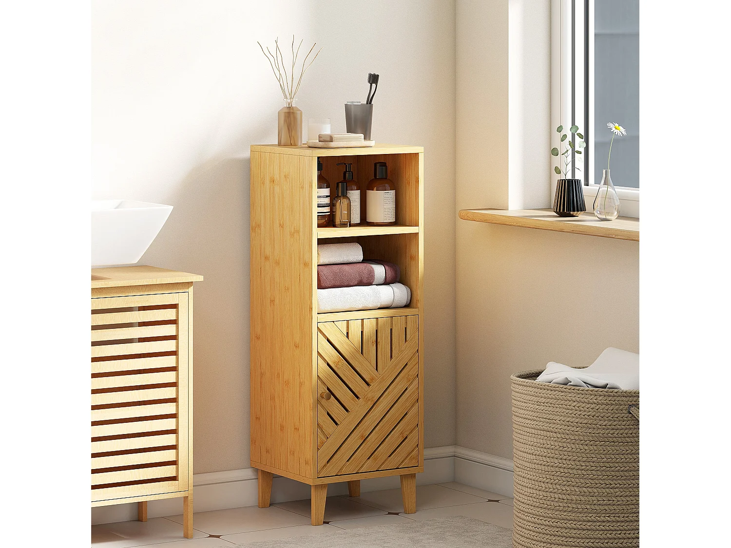 Mire Slim Freestanding Bathroom Cabinet Natural Wood Finish with Bamboo Door and Legs