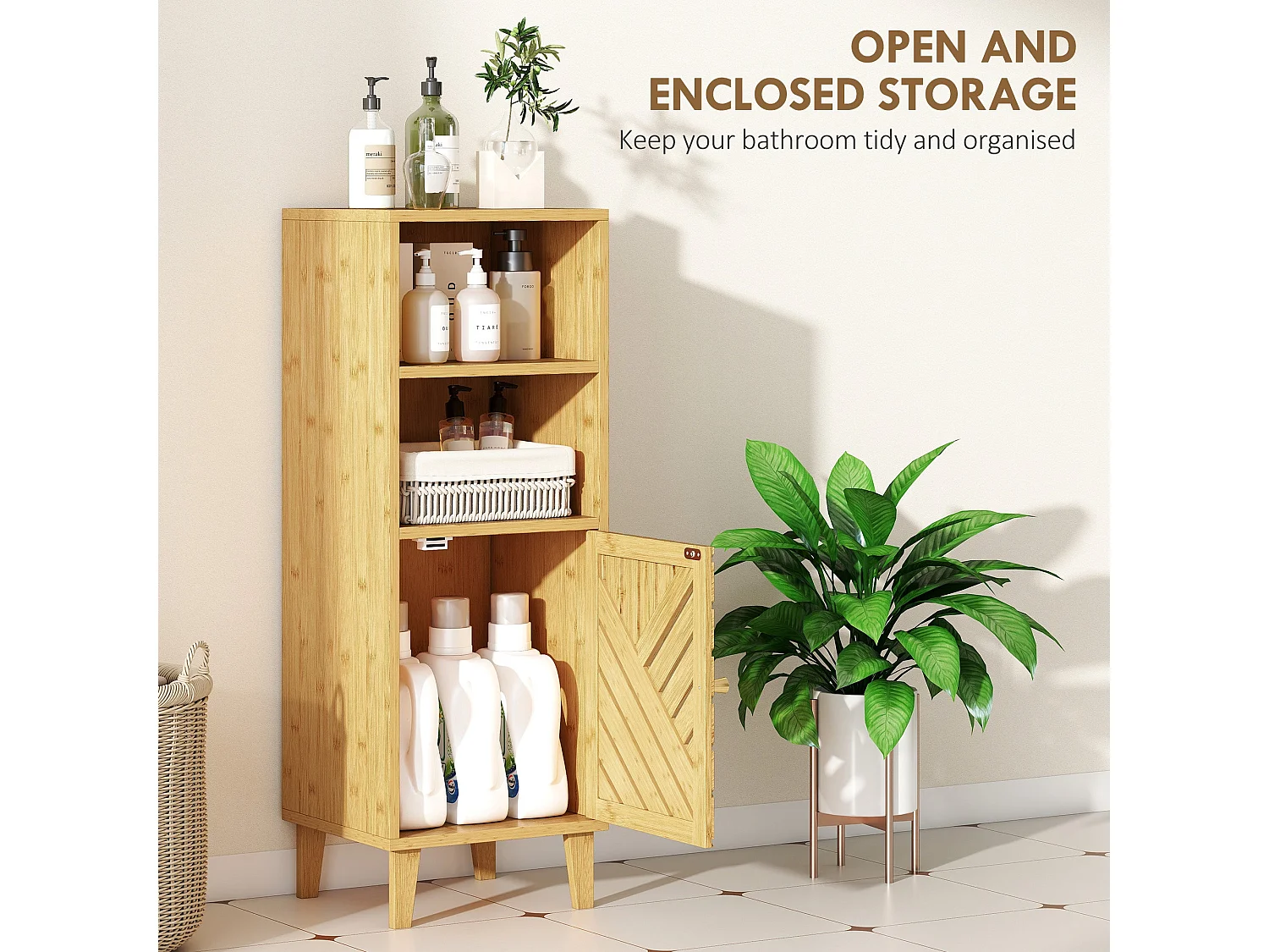 Mire Slim Freestanding Bathroom Cabinet Natural Wood Finish with Bamboo Door and Legs