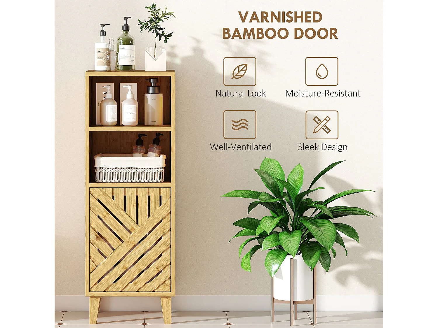 Mire Slim Freestanding Bathroom Cabinet Natural Wood Finish with Bamboo Door and Legs