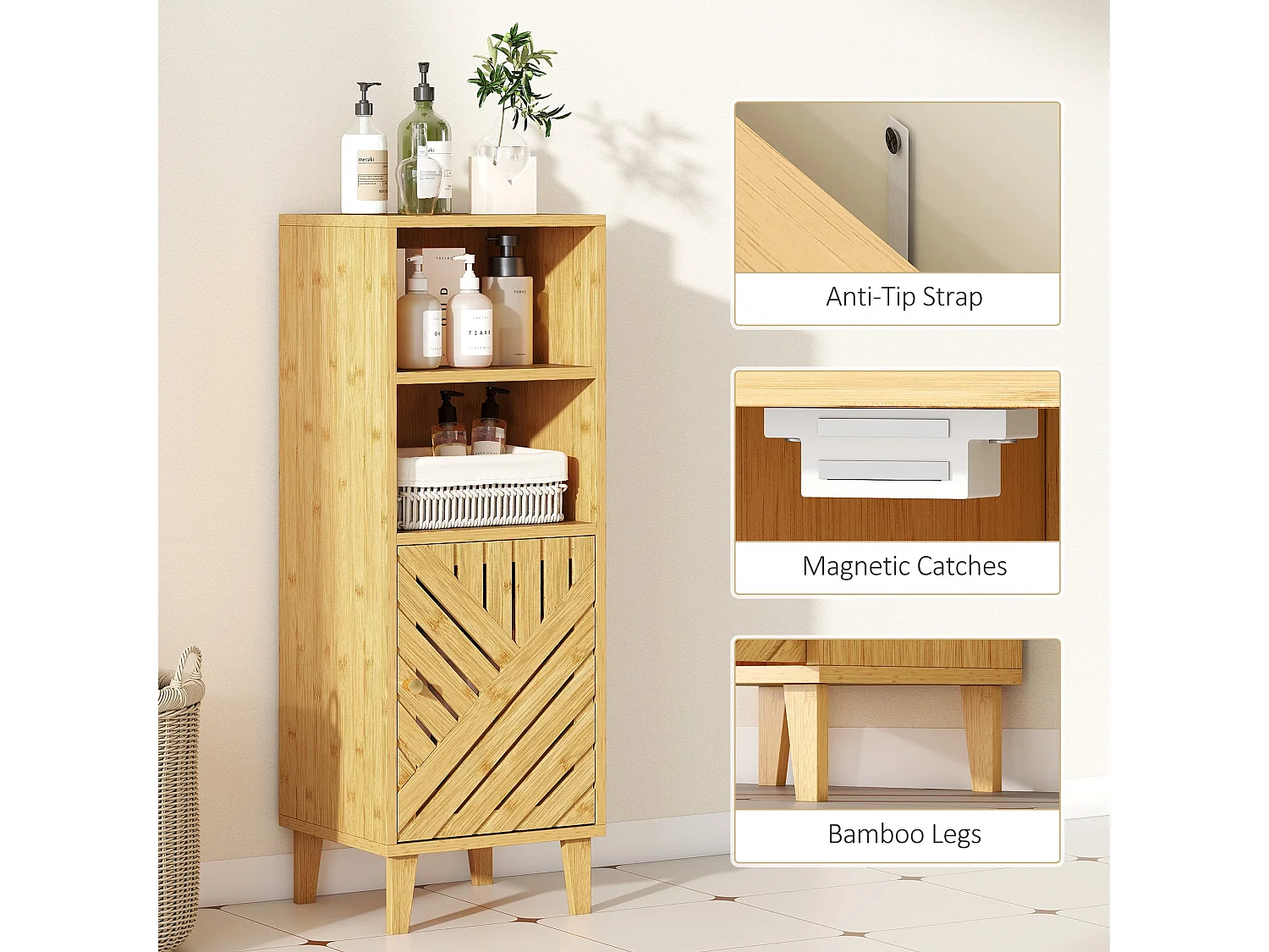 Mire Slim Freestanding Bathroom Cabinet Natural Wood Finish with Bamboo Door and Legs