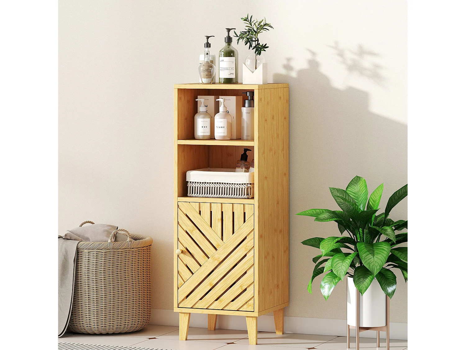 Mire Slim Freestanding Bathroom Cabinet Natural Wood Finish with Bamboo Door and Legs
