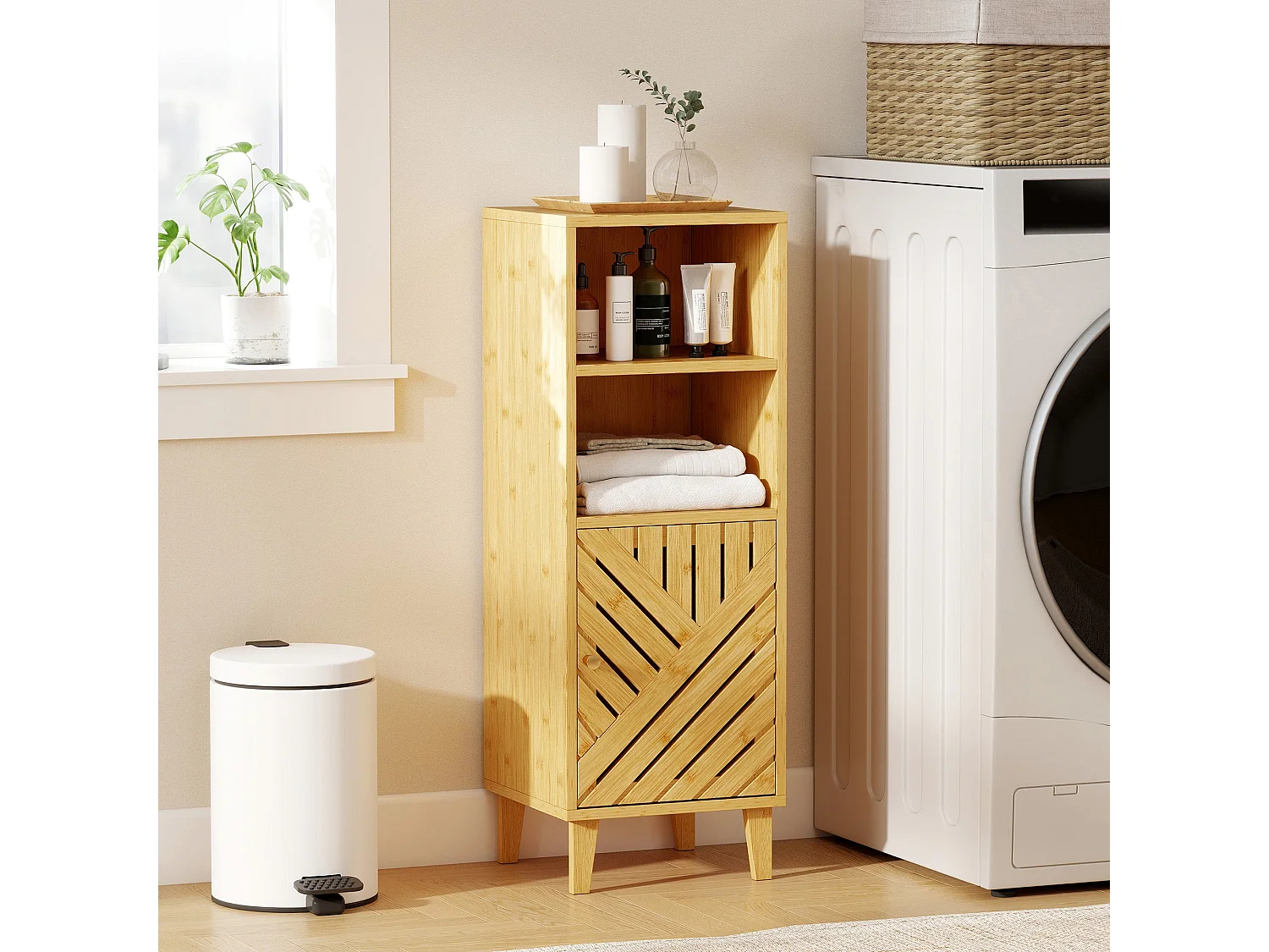 Mire Slim Freestanding Bathroom Cabinet Natural Wood Finish with Bamboo Door and Legs