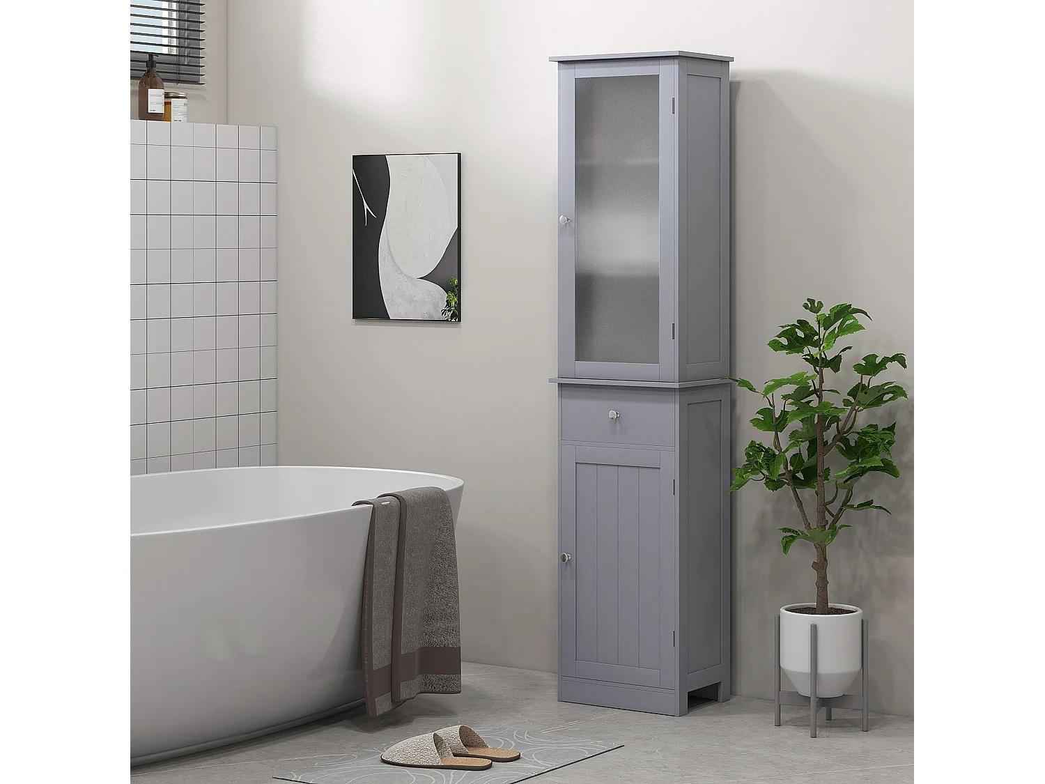 Zira Tall Slim Grey Bathroom Storage Cabinet Shelves Drawer and Door