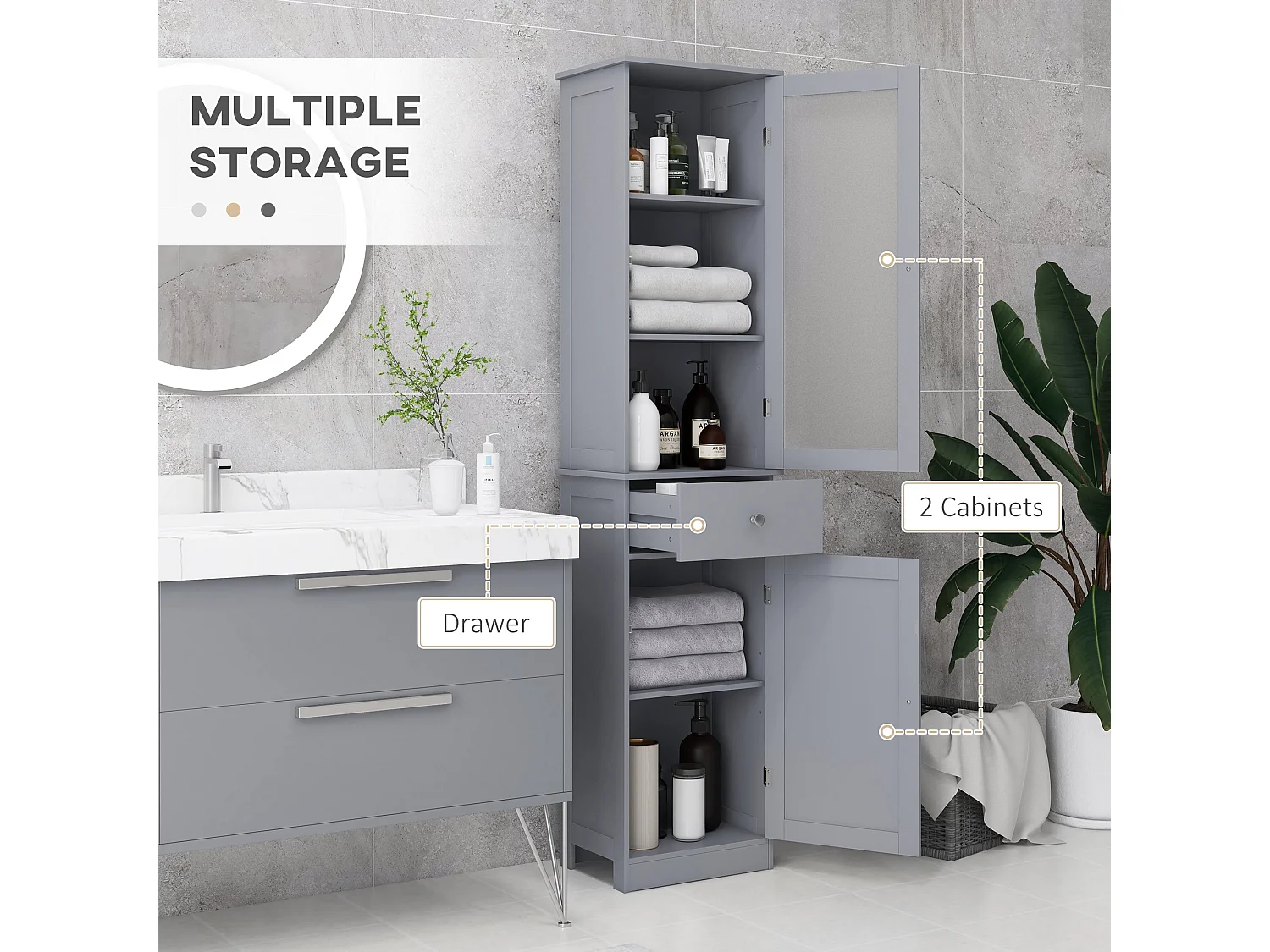 Zira Tall Slim Grey Bathroom Storage Cabinet Shelves Drawer and Door