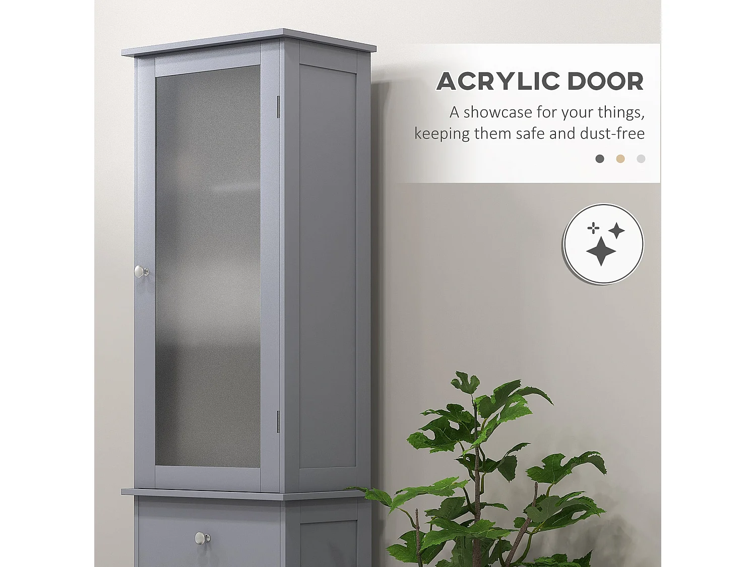 Zira Tall Slim Grey Bathroom Storage Cabinet Shelves Drawer and Door