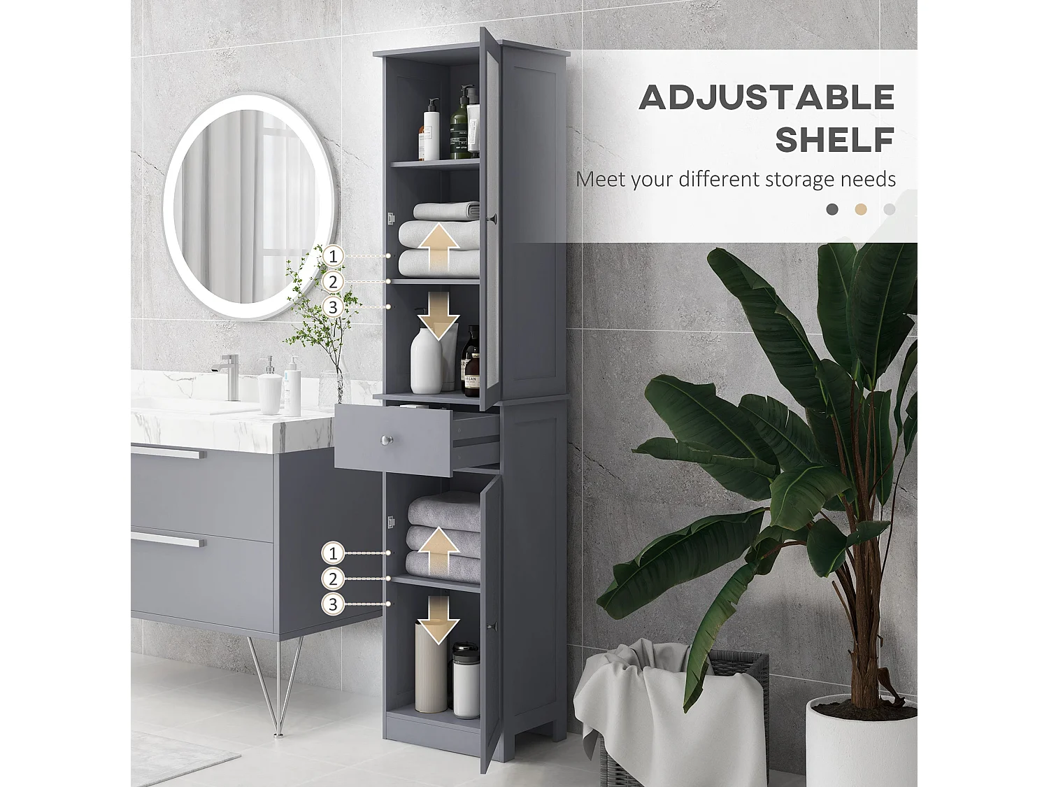 Zira Tall Slim Grey Bathroom Storage Cabinet Shelves Drawer and Door