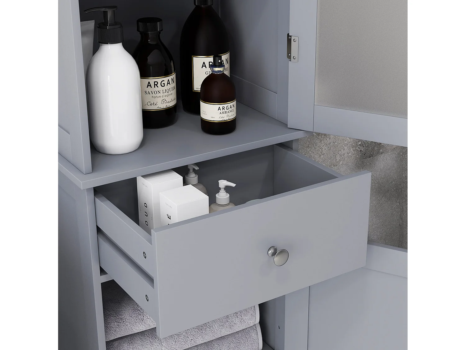Zira Tall Slim Grey Bathroom Storage Cabinet Shelves Drawer and Door
