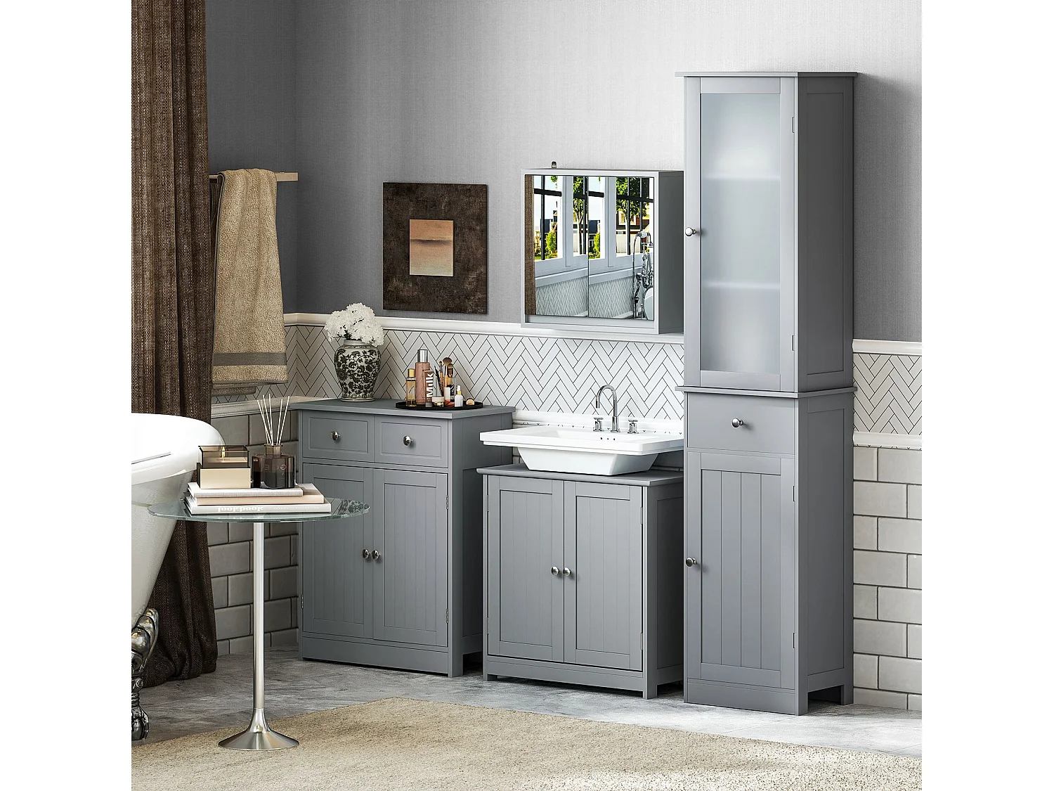 Zira Tall Slim Grey Bathroom Storage Cabinet Shelves Drawer and Door