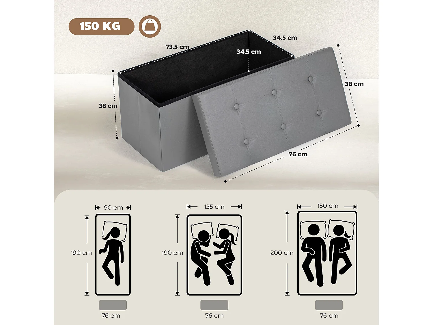 Nevi Folding PU Leather Grey Storage Ottoman Bench 89 Litre
