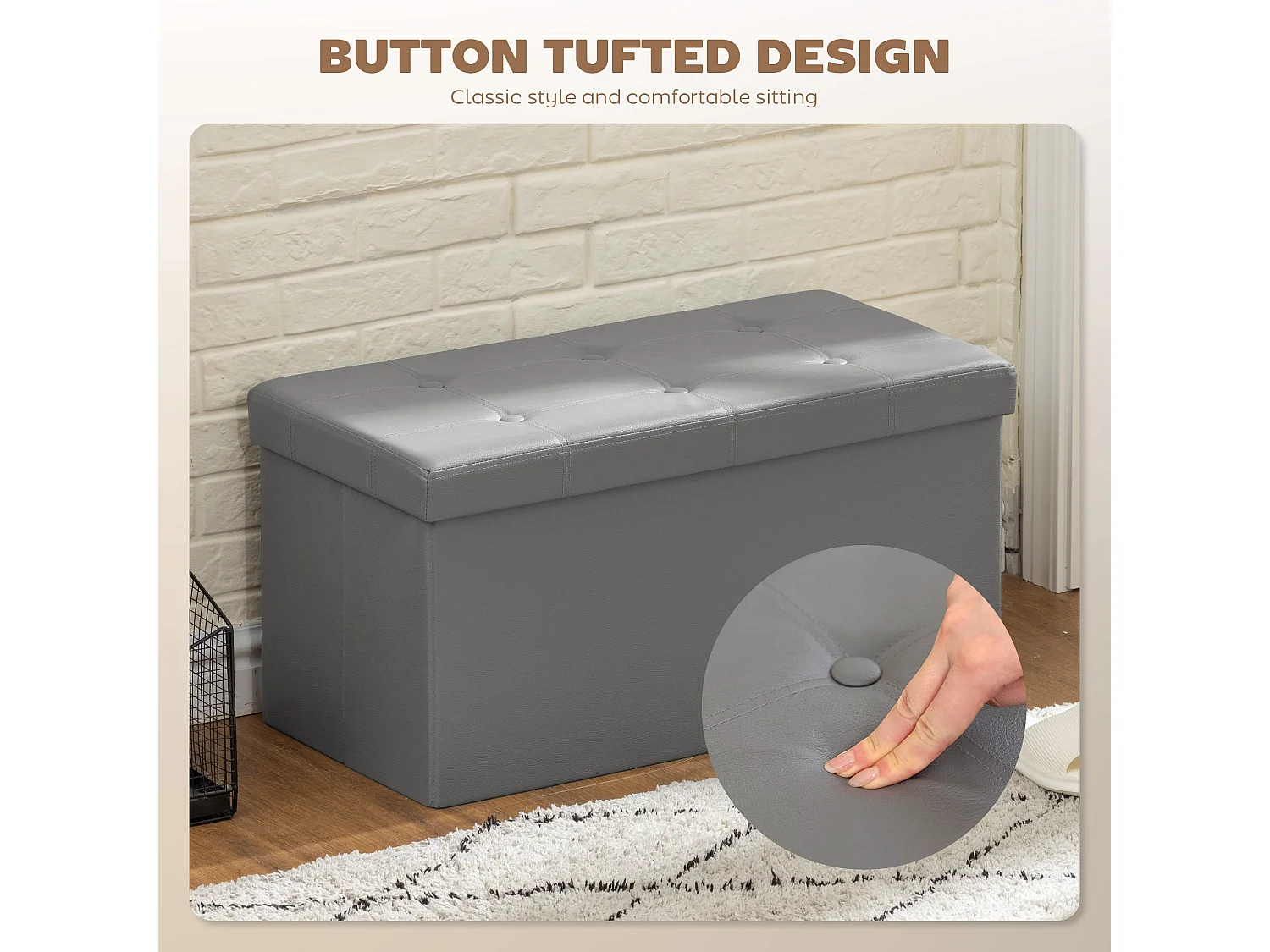 Nevi Folding PU Leather Grey Storage Ottoman Bench 89 Litre