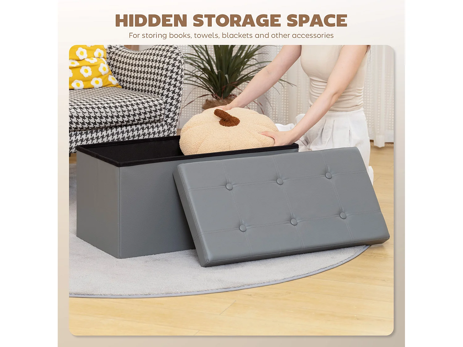 Nevi Folding PU Leather Grey Storage Ottoman Bench 89 Litre