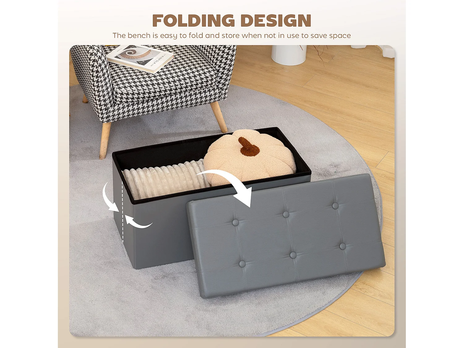 Nevi Folding PU Leather Grey Storage Ottoman Bench 89 Litre