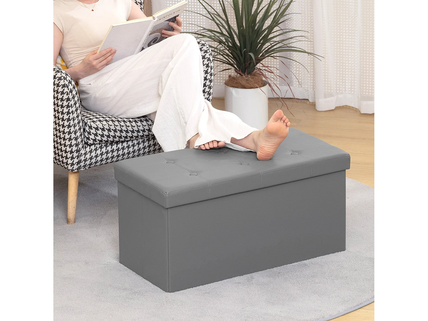 Nevi Folding PU Leather Grey Storage Ottoman Bench 89 Litre