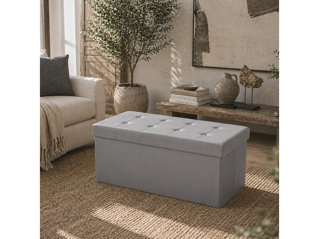 Nevi Folding PU Leather Grey Storage Ottoman Bench 89 Litre