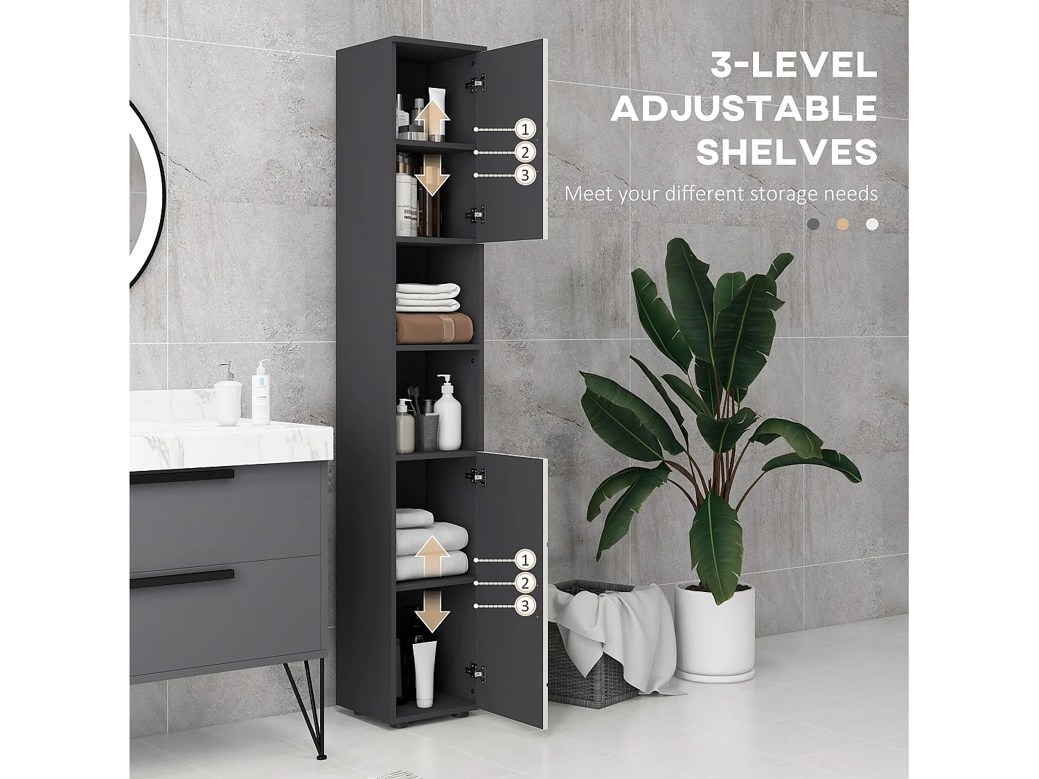 Nomalo Tall Minimalist Bathroom Cabinet with Embossed Front and Adjustable Shelves Grey