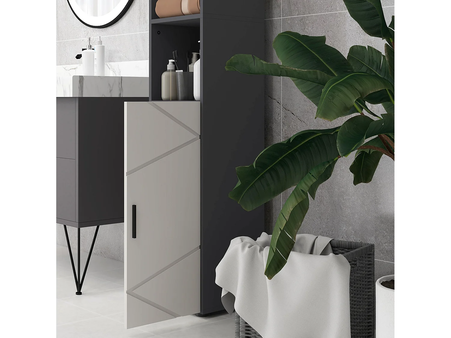 Nomalo Tall Minimalist Bathroom Cabinet with Embossed Front and Adjustable Shelves Grey