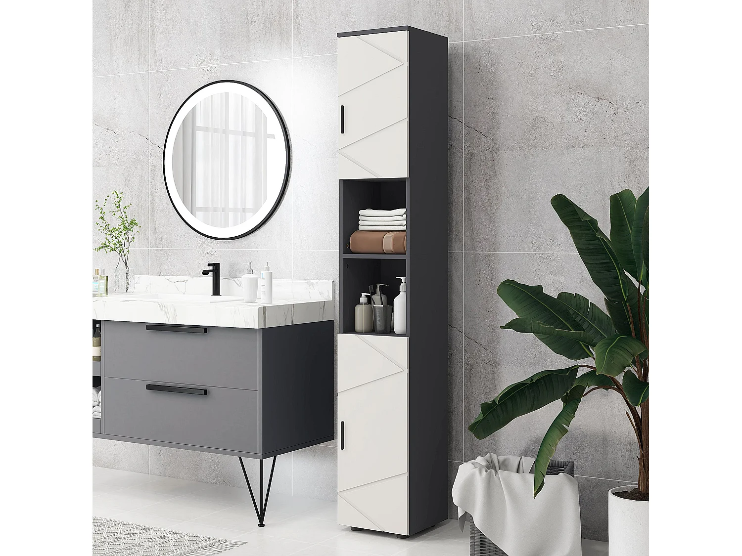 Nomalo Tall Minimalist Bathroom Cabinet with Embossed Front and Adjustable Shelves Grey
