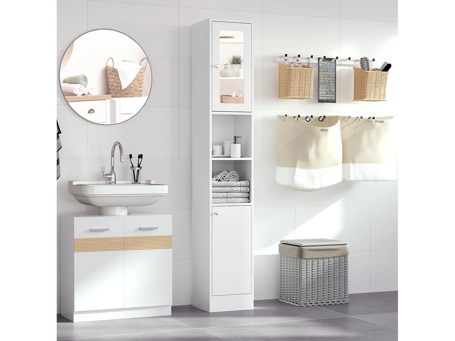 Sokana Tall Freestanding Bathroom Cabinet with Mirror and Adjustable Shelves White