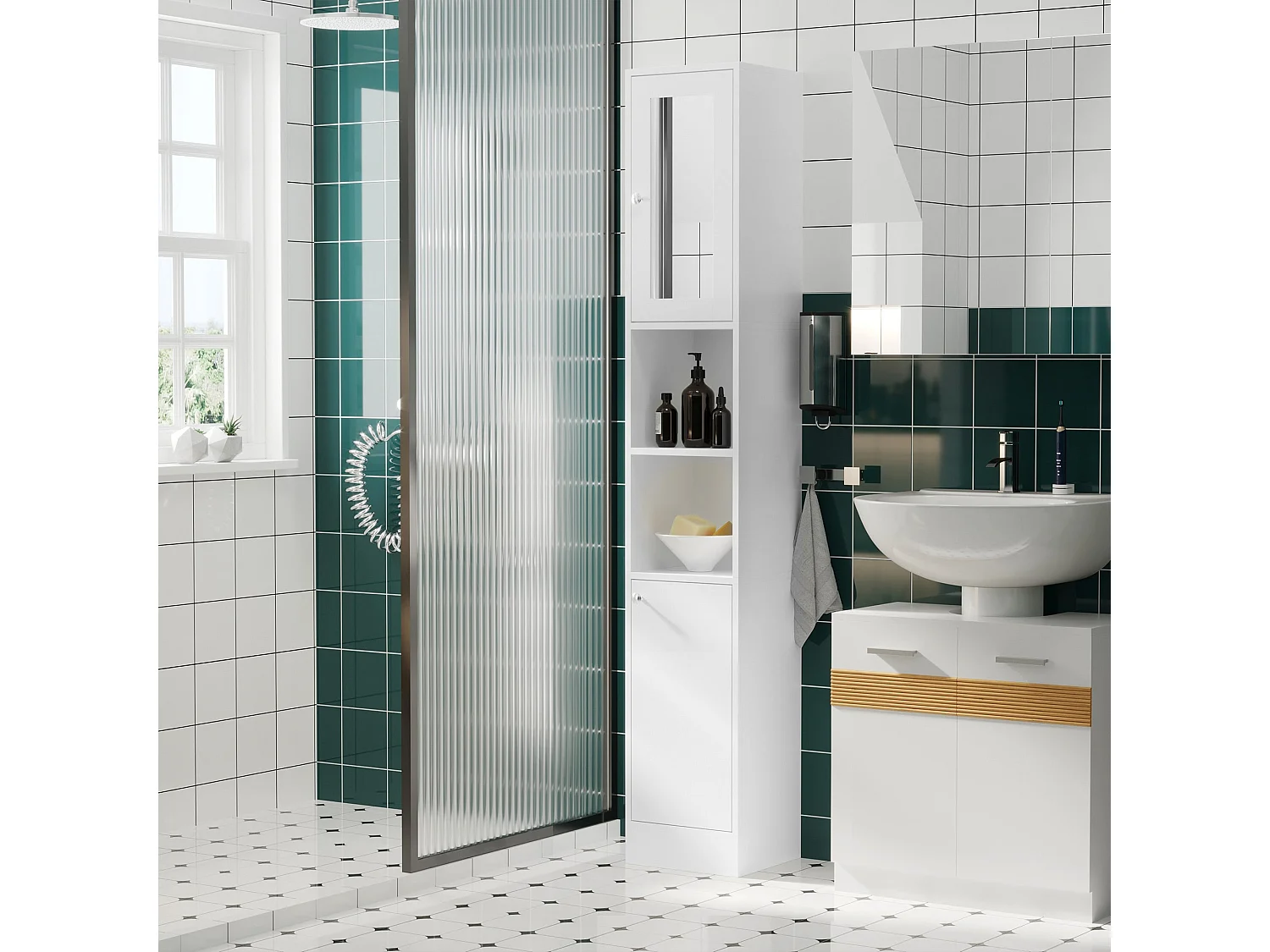 Sokana Tall Freestanding Bathroom Cabinet with Mirror and Adjustable Shelves White