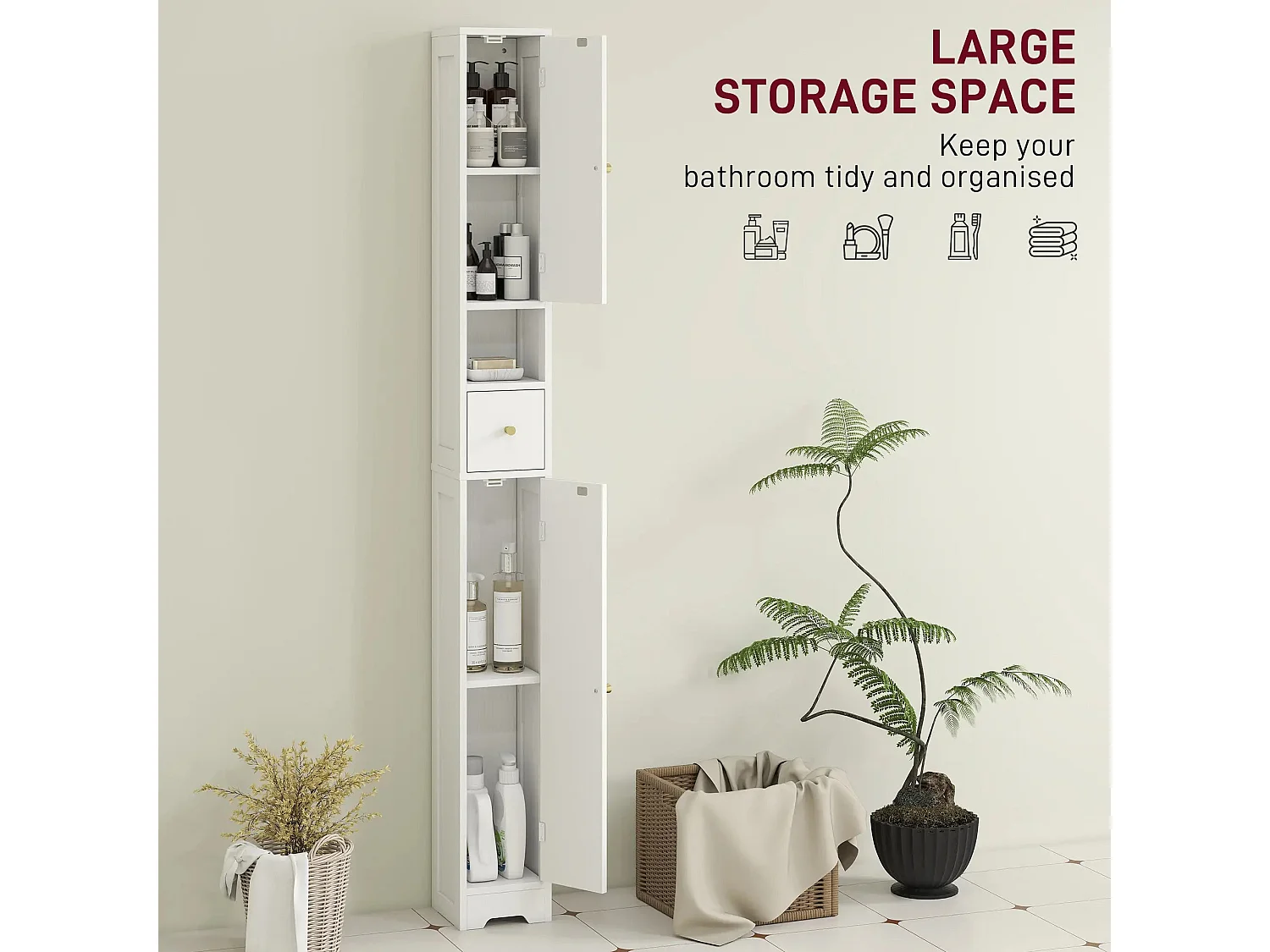 Extra Tall White Bathroom Storage Cabinet with Arched Doors 185cm