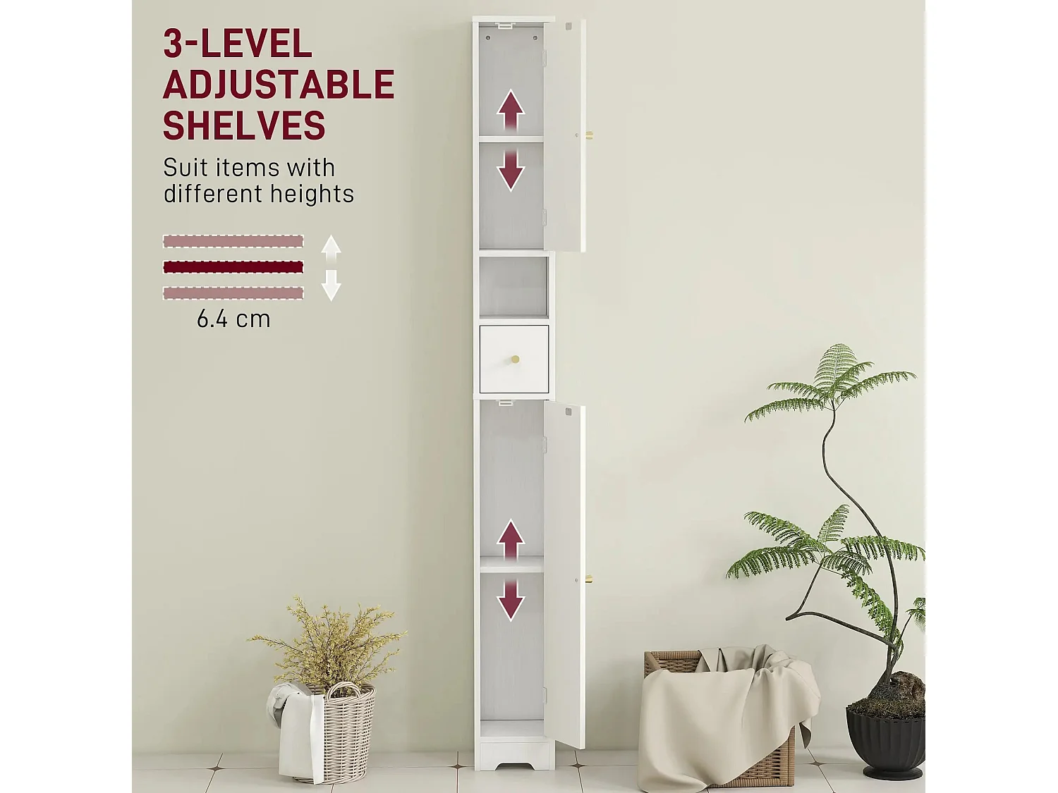 Extra Tall White Bathroom Storage Cabinet with Arched Doors 185cm