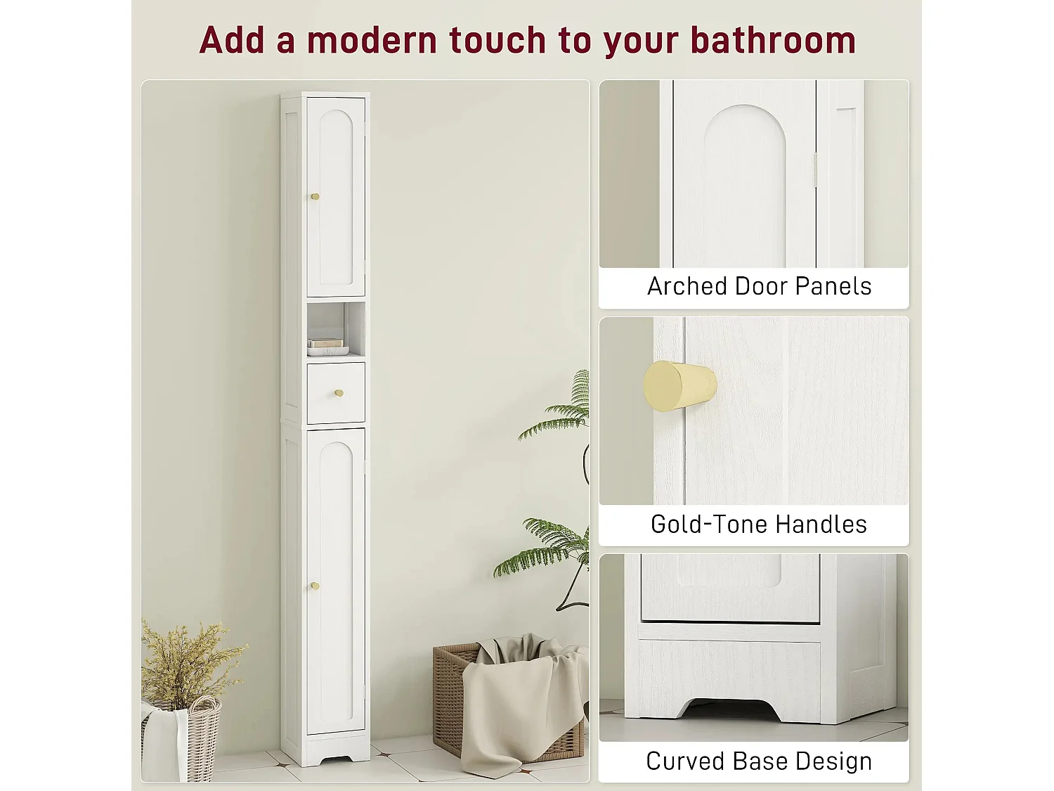 Extra Tall White Bathroom Storage Cabinet with Arched Doors 185cm